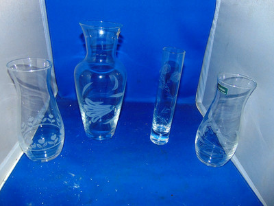 4 ETCHED CLEAR GLASS CONTAINERS ( FLOWER VASES ) Pasabahce of Turkey