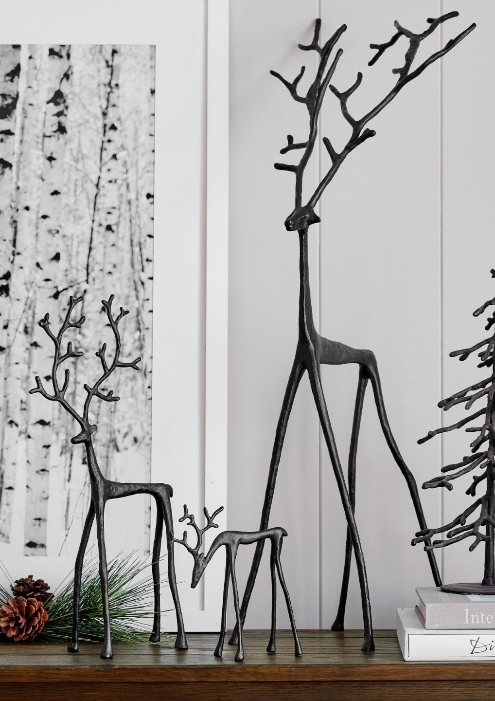 NEW in boxes Pottery Barn bronze SCULPTED reindeer merry SET OF 3 Christmas