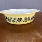 Vintage Pyrex Yellow Black Pressed Flowers Casserole 1 1/2 qt 043 * No Lid *