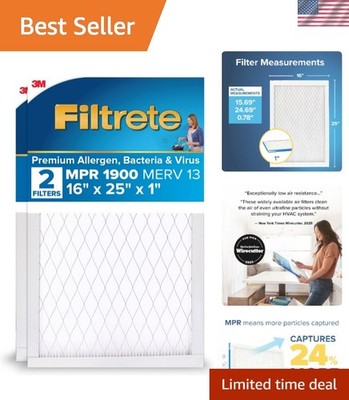 MERV 13  16x25x1 AC Air Filter, 2-Pack   High Airflow & Virus Protection