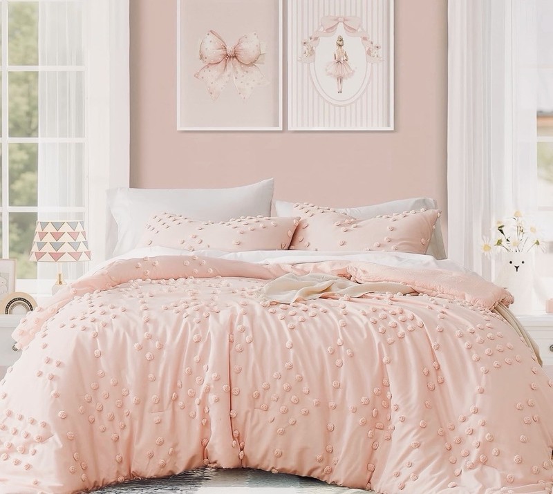 Pink Full Comforter Set for Girls- 3 Pieces Pom Tufted Bed in A Bag