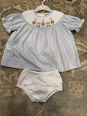 Smocked Peter Rabbit Bishop Dress & Bloomers Easter Three Sisters 12 Months NEW