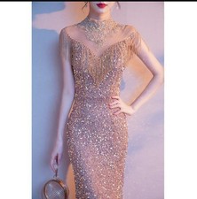Women's Gorgeous Sequin Beaded Tassel Fishtail Evening Dress Cocktail Prom 
