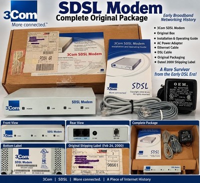 Vintage 3Com SDSL Modem 80-003615-00 Complete Box Manual Cables 2000