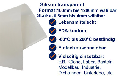 Silikon Platte 60 Shore Lebensmittelecht FDA-konform transparent 0,5mm - 4mm