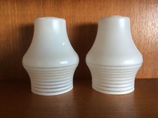 2x Vintage 1960s White Frosted Striped Glass Ceiling Pendant Lampshades, Retro