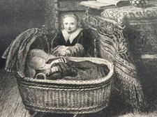 Adorable Nicolaes MAES 1800s Etching "Young Girl Rocking the Cradle" rives paper