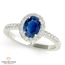 Anillo de zafiro ovalado azul genuino de 1,51 quilates con 0,25 quilates Diamante oro blanco 14K