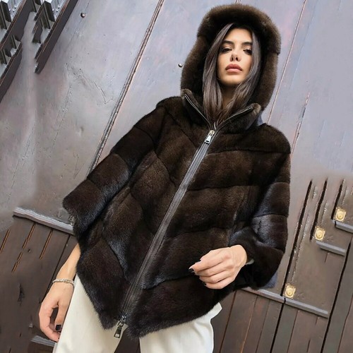 Real Mink Fur Poncho With Fur Hood Warm 