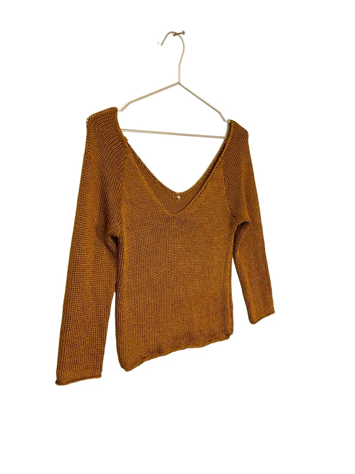 Free People Gold Shimmer Knit V Neck Pullover S - Image 3 of 4