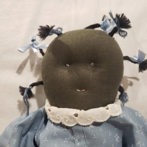 Vintage Black Folk Art Rag Doll 14" Folk Art Cloth Doll Handmade Blue Dress
