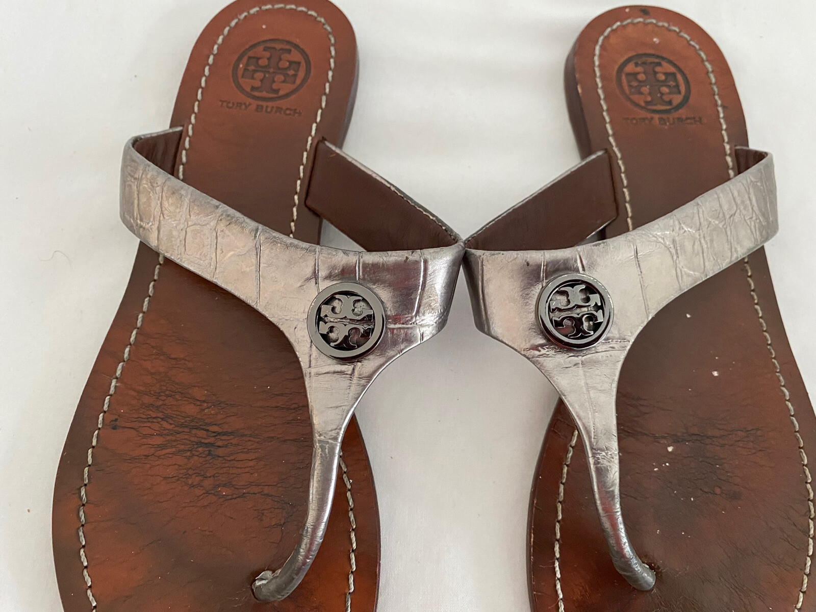 Tory Burch Cameron Pewter Gray Croc Embossed Leather Thong Slide Women Sz   | eBay