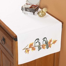 Herrschners  Fall Chickadees Dresser Scarf Stamped Cross-Stitch