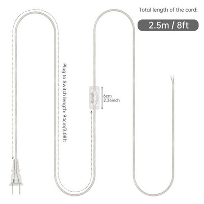 New Transparent Lamp Cord 2.5M/8FT US Plug for Wiring with Button Switch US
