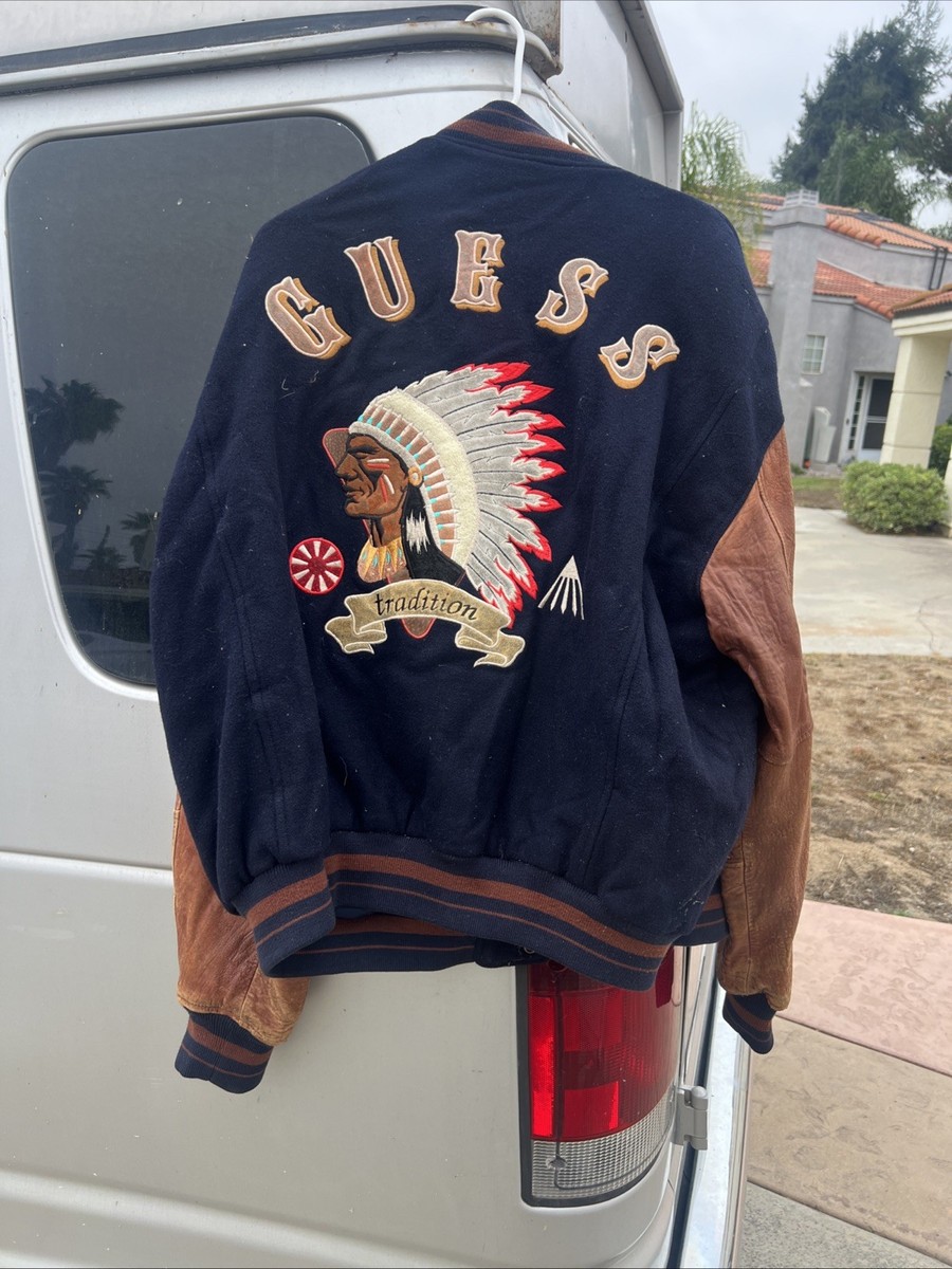 Vintage Guess Large Leather Wool Varsity Indian Aztec Jacket 90s