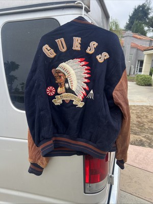Vintage Guess Large Leather Wool Varsity Indian Aztec Jacket 90s