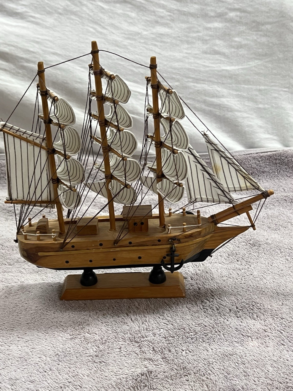 Vintage "Belem" Sailing Ship Model ~ Solid Hardwood, Hand Painted, Cloth Sails