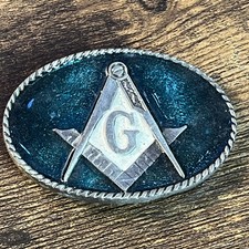 Masonic Freemason Mason Belt Buckle USA Made Vintage Blue Enamel - 2205
