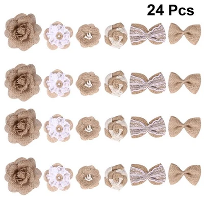 24 pcs Naturel Toile De Jute Fleurs Mini Lin Bowknot Ruban Dentelle Fleur - Photo 1/4