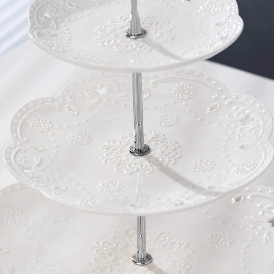 Soporte para cupcakes - Soporte para pasteles de porcelana blanca de 3 niveles - Soporte para cupcakes -... Foto 2 de 4