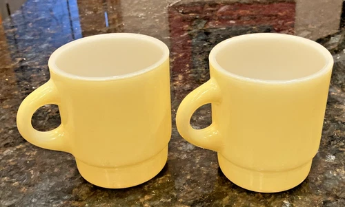 2 Vintage Anchor Hocking Fire-King C-Handle Stackable Milk Glass Mugs  Yellow