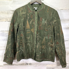 Chicos Womens Olive Green Embroidered Mandarin Collar Snap Jacket Size 0/US 4