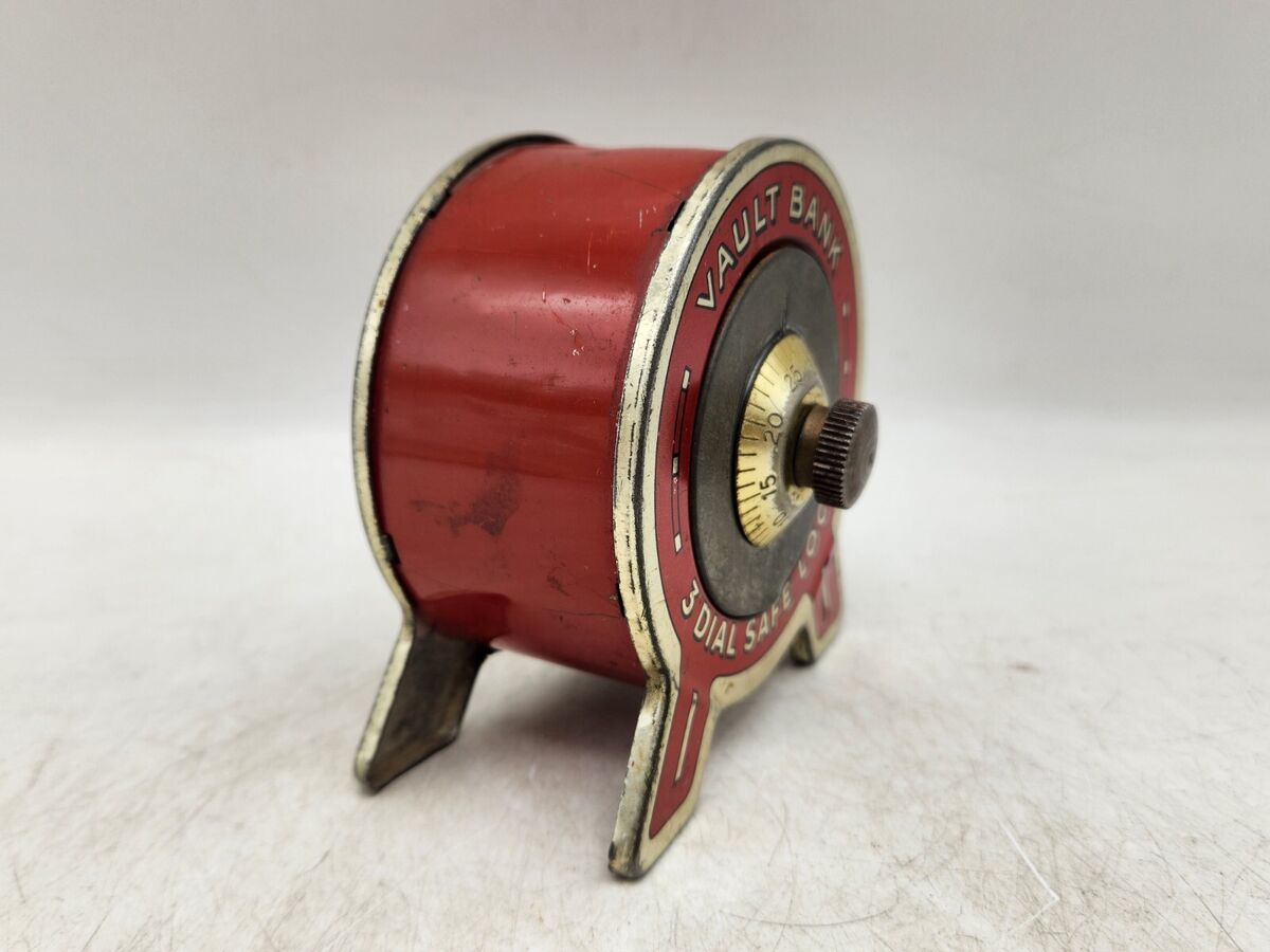 Vintage 3 Dial Safe Lock Savings Tin Litho Coin Still Vault Bank - Made in  USA
