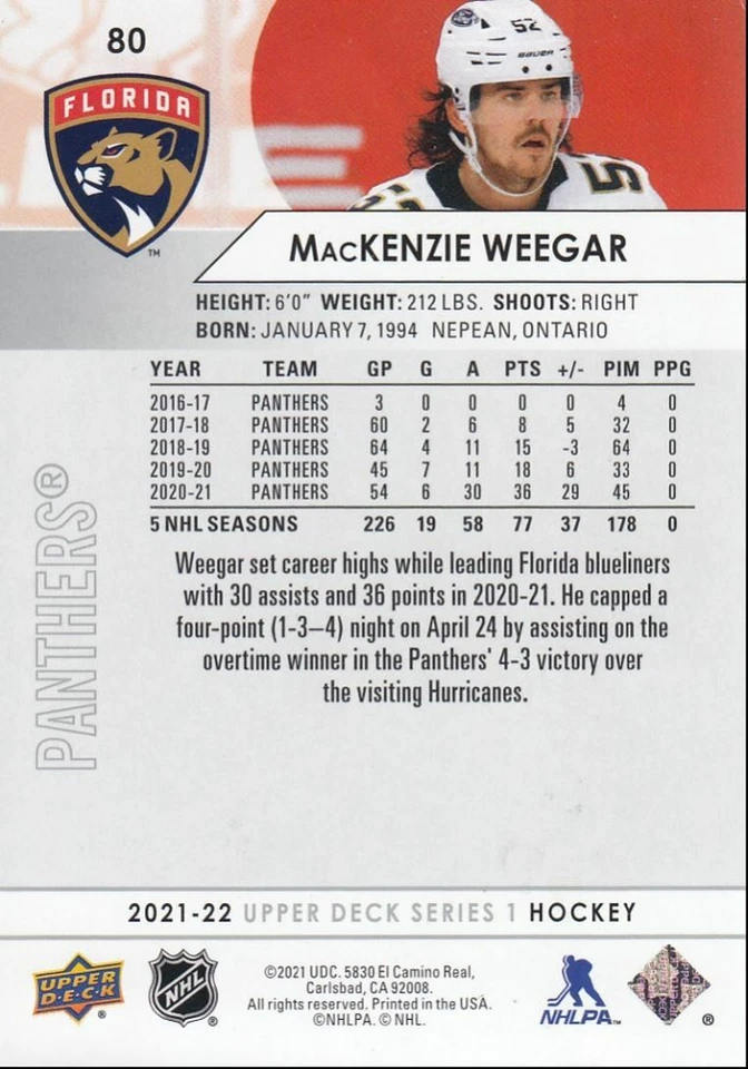 2021-22 Upper Deck Series 1 MacKenzie Weegar Florida Panthers #80 - Image 2 of 2