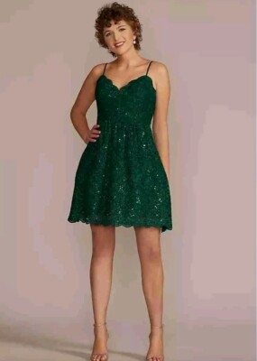 Jules And Cleo Green Lace Mini A Line Dress Spaghetti Strap Scalloped  Neckline | eBay UK