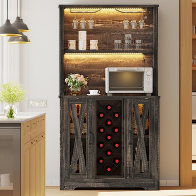 Farmhouse Corner Bar Cabinet Liquor Wine Storage Stemware Rack Display LED Light