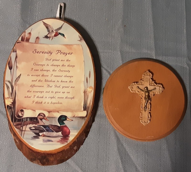 Pair of Vintage Wood Plaques; Serenity Prayer & Cross