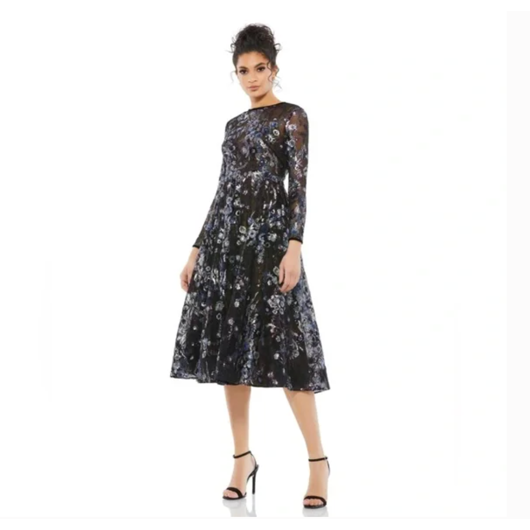 Mac Duggal Embellished Illusion Long Sleeve Midi Dress Floral 14 | eBay