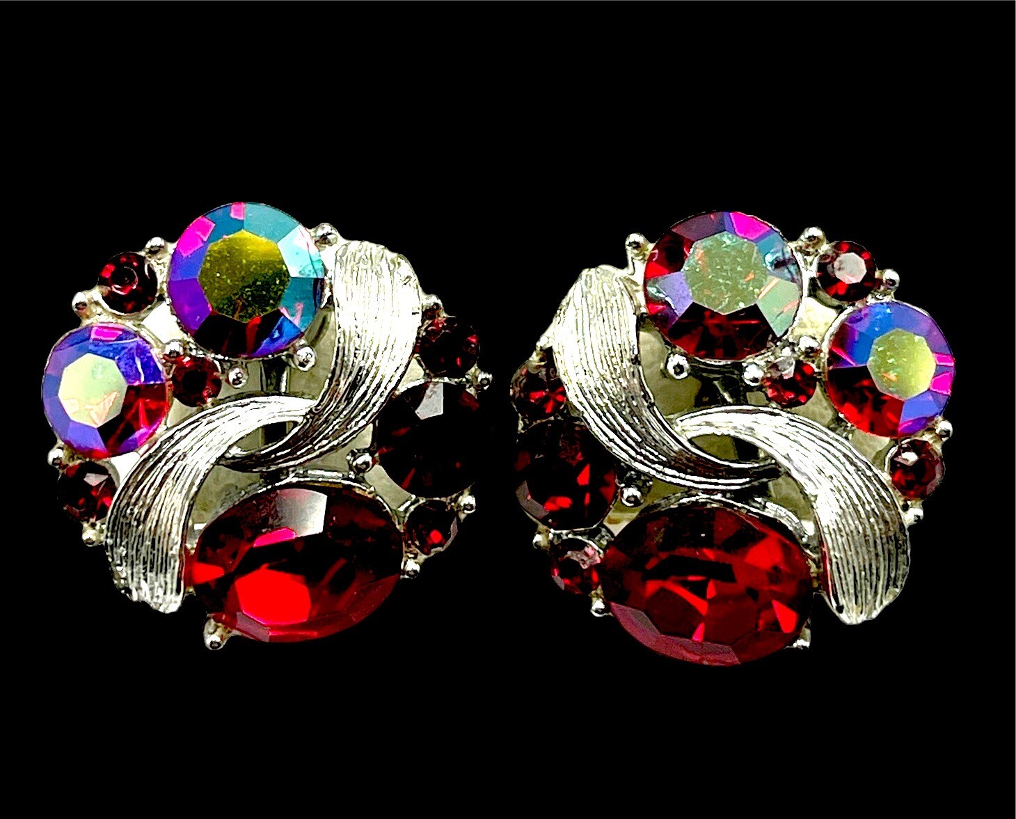 LISNER SILVER-TONE RUBY RED AB RHINESTONE FLOWER … - image 5