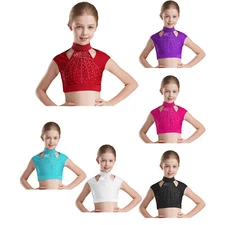 Kids Girls Crop Top Shiny Dancewear Stage Performance Vest Mock Neck Shirts