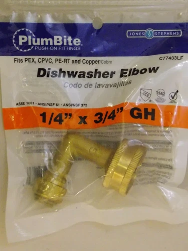 Jones Stephens Dishwasher Elbow C77433LF 1/4" X 3/4" GH PlumBite Push On , Brass - Picture 2 of 3