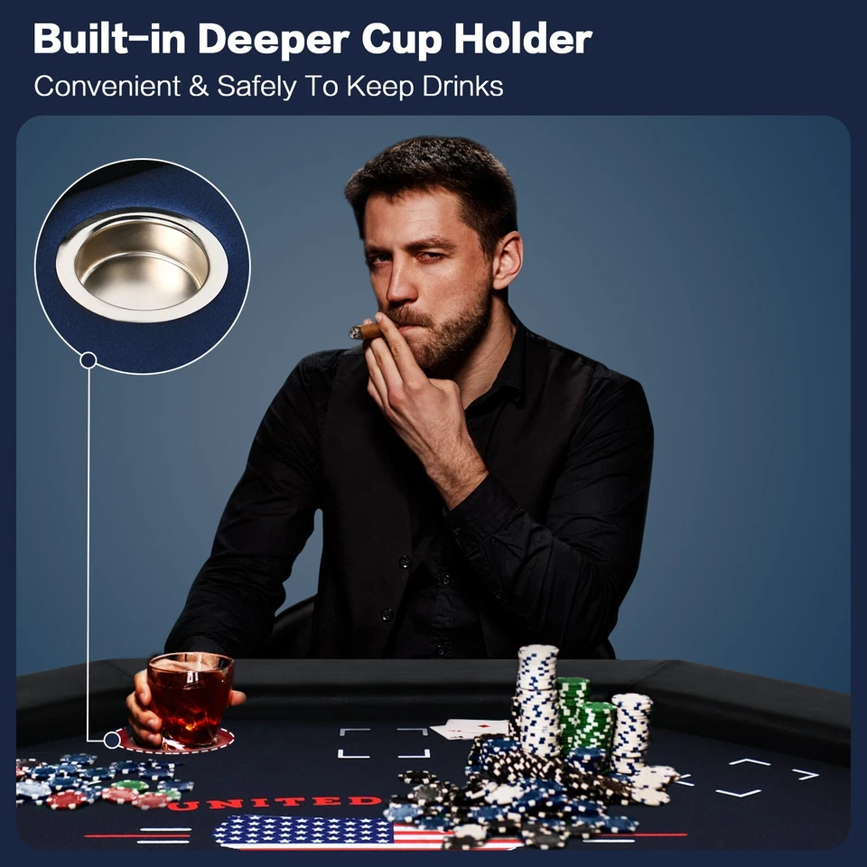 Poker Table 8 Player Octagon Foldable Casino Blackjack Texa Holdem Game Black 48 - Image 2 of 4