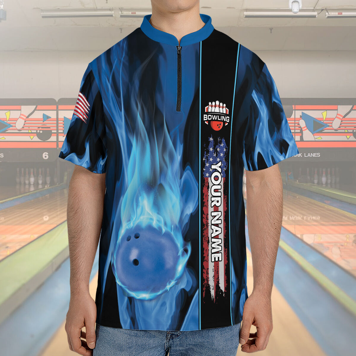 Custom Blue Flame Life In Fast Lane Bowling Jersey Zip American