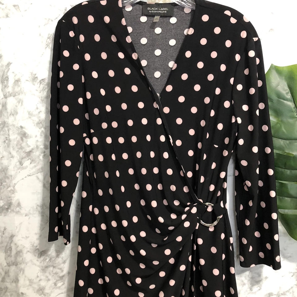 Vestido Evan Picone Negro Etiqueta Lunares Imperio Cintura Envolvente Manga 3/4 Negro Talla 10 Foto 2 de 4
