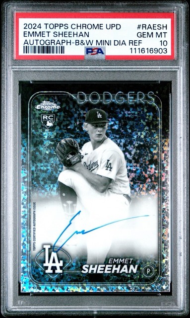 Emmet Sheehan 2024 Topps Chrome RC Black White Mini Diamond Auto PSA 10 Pop 1 SP