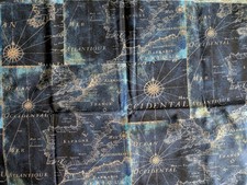 Map Theme Fabric Dark Navy Blue Beige Cotton JoAnn 1 Yd