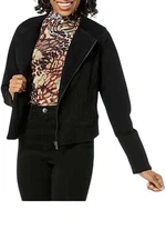 DG2 Women's Stretch Denim Collarless Moto Jacket Black