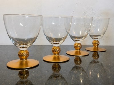 Gold vergoldete Glaskelche 4er Set Blattknauf Vintage Stielgläser