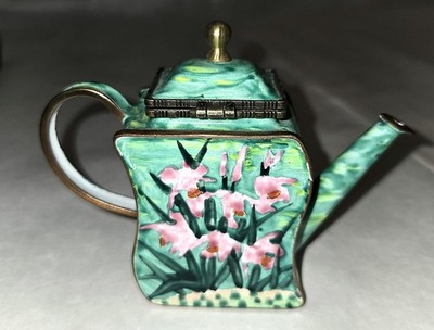 Kelvin Chen Lavendar Pink Hardy Orchid Green Brass Enamel Tea Pot No. 848 2001