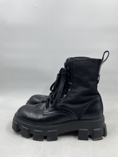 Prada Monolith Black Re-Nylon Leather Lug Sole Combat Boots COA Size 39