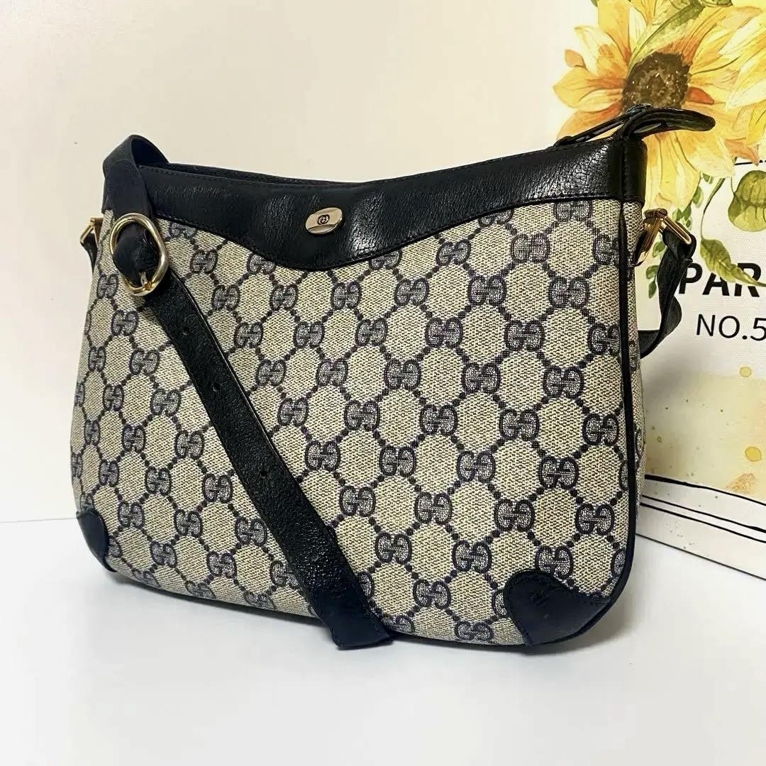 Vintage Gucci GG Navy Canvas Shoulder Bag 20x27cm Japan Import