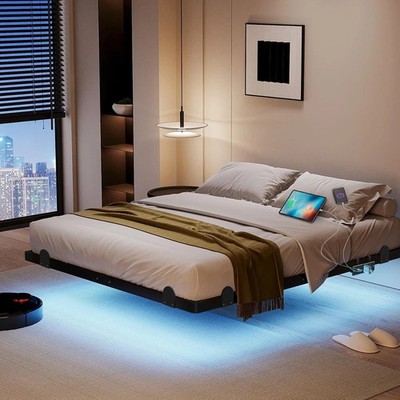 14 Inch Floating Queen Bed Frame with Smart LED Lights and Charging Station NEW