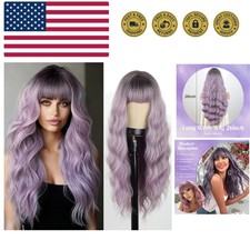 Long Ombre Light Purple Wavy Wig with Bangs,Dark Root Ombre Gray Purple Wigs ...