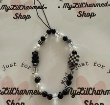 Cell Phone Charm Strap Black  White With Teddy Bear