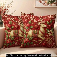 2 Pcs Vintage Ornamented Reindeer Christmas Holiday Soft Plush Pillow Cover Gift
