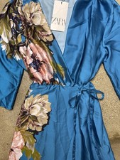 Zara Blue Floral Satin Wrap Dress NWT Medium